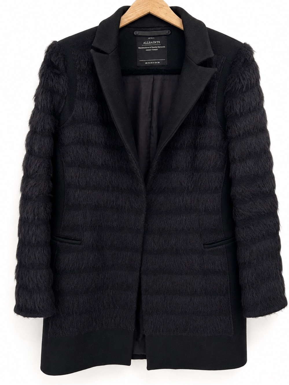 All Saints Fur Shield Coat Black Wool Italian Cloth Statement Coat